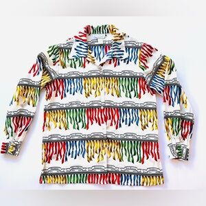 Vintage Silky Oversized Button Down Shirt Large Colorful Print French Ribbons